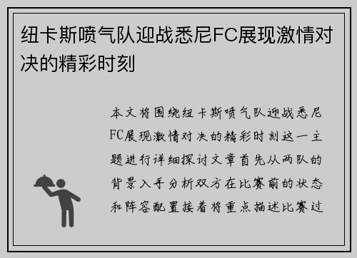 纽卡斯喷气队迎战悉尼FC展现激情对决的精彩时刻